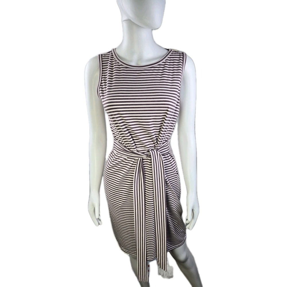 Merokeety Sleeveless Burgundy White Striped Pockets Midi Casual Dress S Small‎